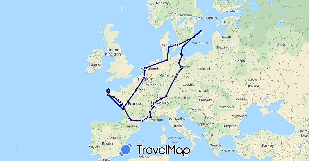 TravelMap itinerary: driving in Belgium, Switzerland, Germany, Denmark, France, Netherlands, Sweden (Europe)