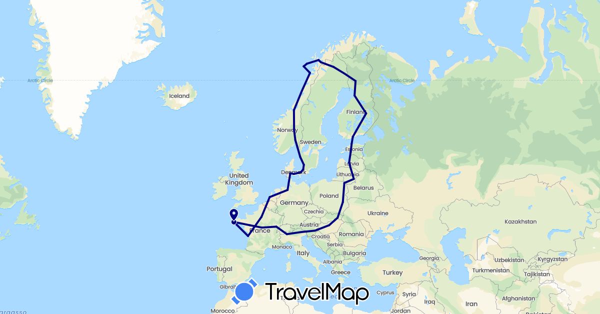 TravelMap itinerary: driving in Germany, Denmark, Estonia, Finland, France, Hungary, Italy, Lithuania, Latvia, Netherlands, Norway, Poland, Sweden, Slovenia, Slovakia (Europe)