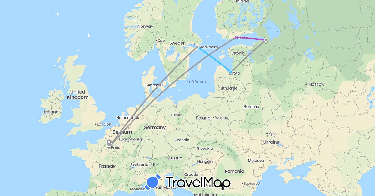 TravelMap itinerary: driving, plane, train, boat in Finland, France, Latvia, Russia, Sweden (Europe)