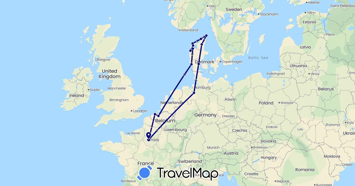 TravelMap itinerary: driving in Belgium, Germany, Denmark, France (Europe)