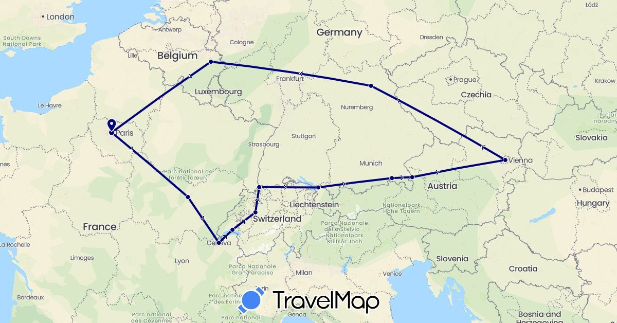 TravelMap itinerary: driving in Austria, Belgium, Switzerland, Germany, France (Europe)