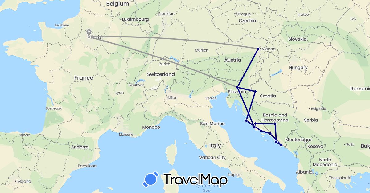 TravelMap itinerary: driving, plane in Austria, Bosnia and Herzegovina, France, Croatia, Slovenia (Europe)