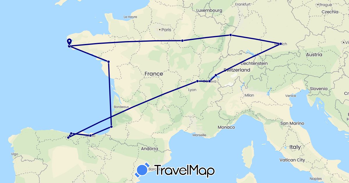 TravelMap itinerary: driving in Switzerland, Germany, Spain, France (Europe)